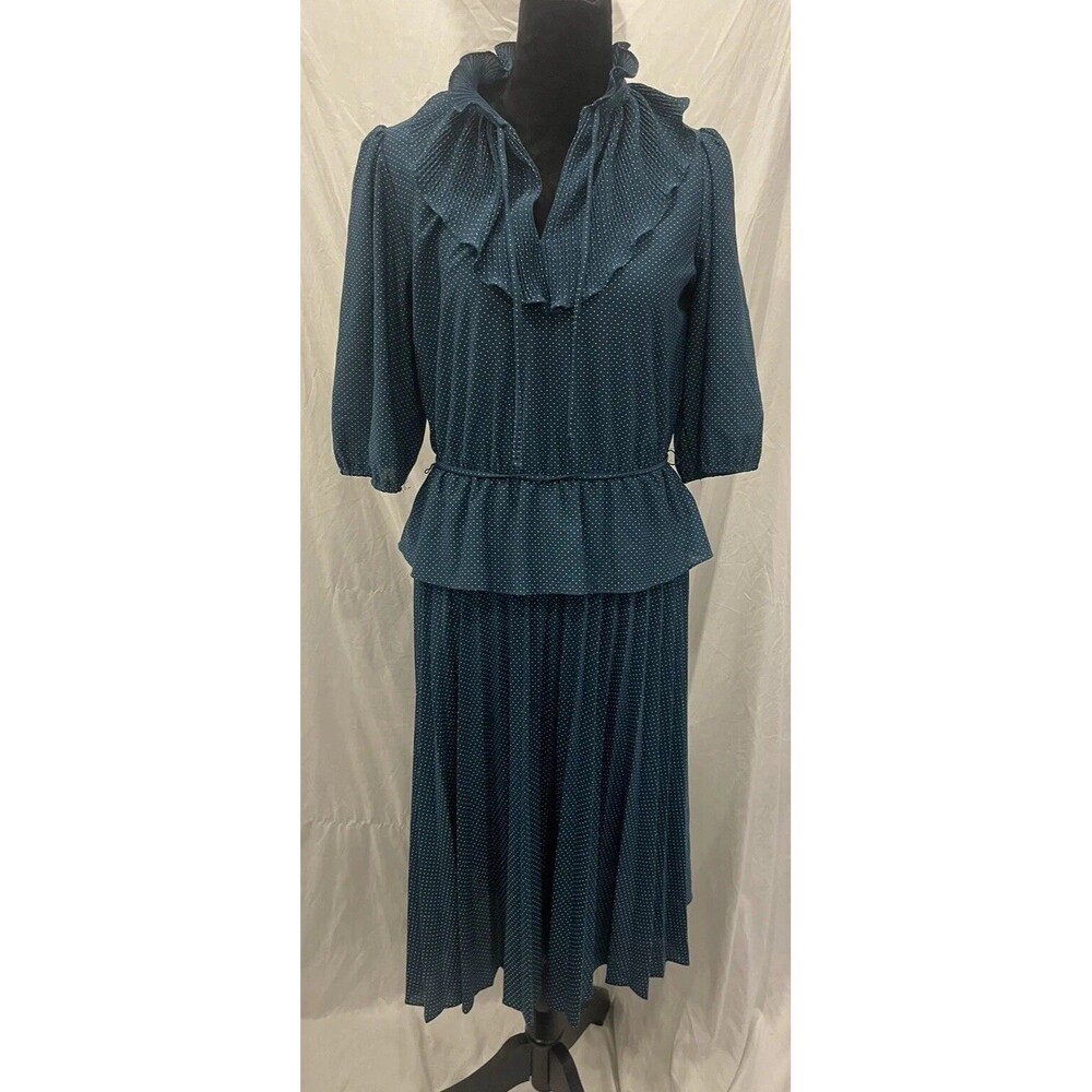 Vintage 80s Green Polka Dot Peplum Midi Secretary Dress Pleated Skirt Ruffles 13